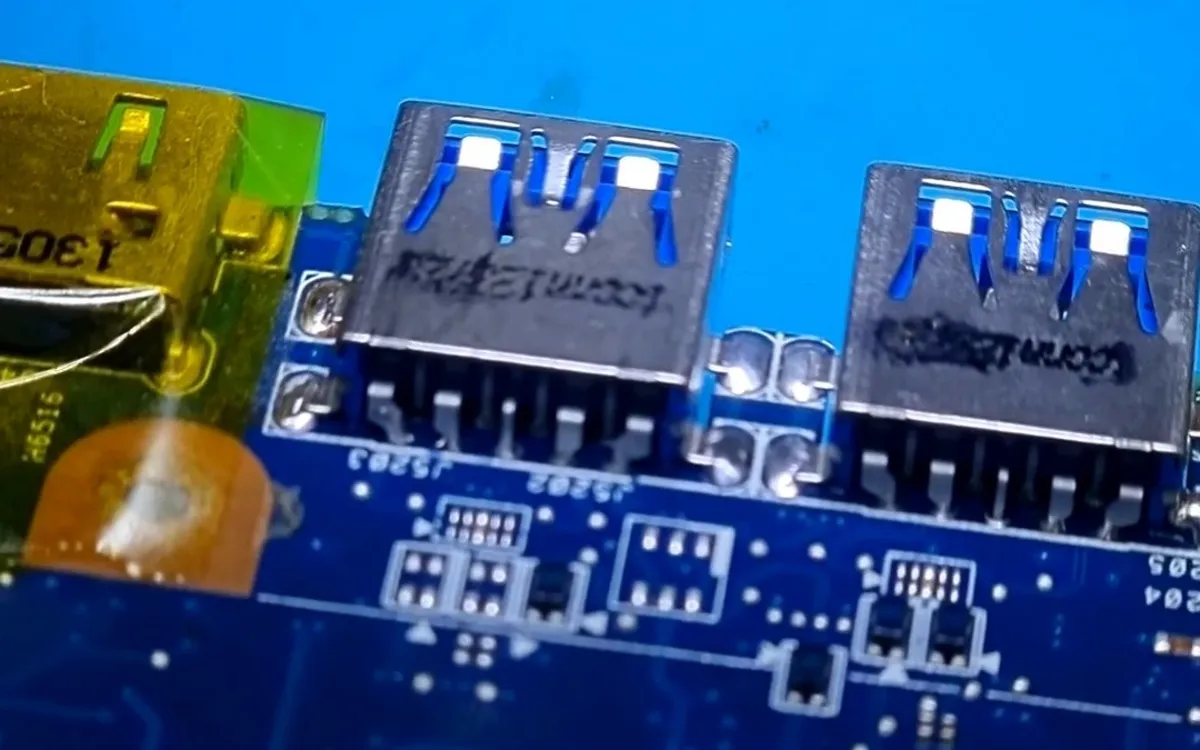 Puertos USB nuevos soldados en la placa de un portátil en El Sauzal